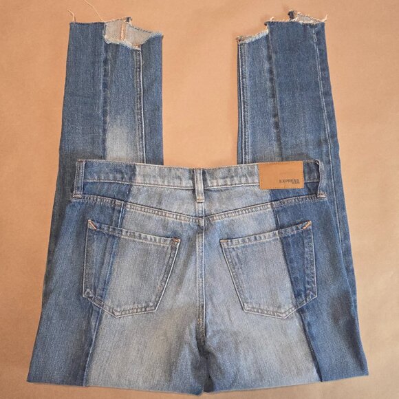 Express Two Tone Raw Hem Mid Rise Girlfriend Jeans - Picture 4 of 12